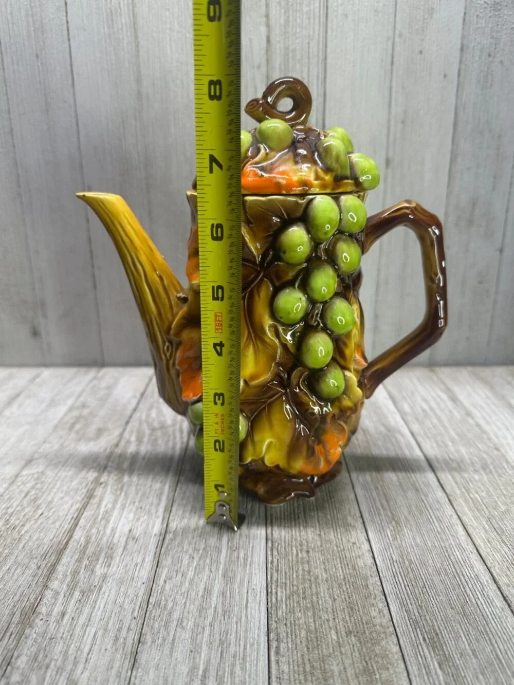 Vtg Nasco Swirling Leaves Grapes Tea Pot & Creamer Sugar Set MCM Japan 8